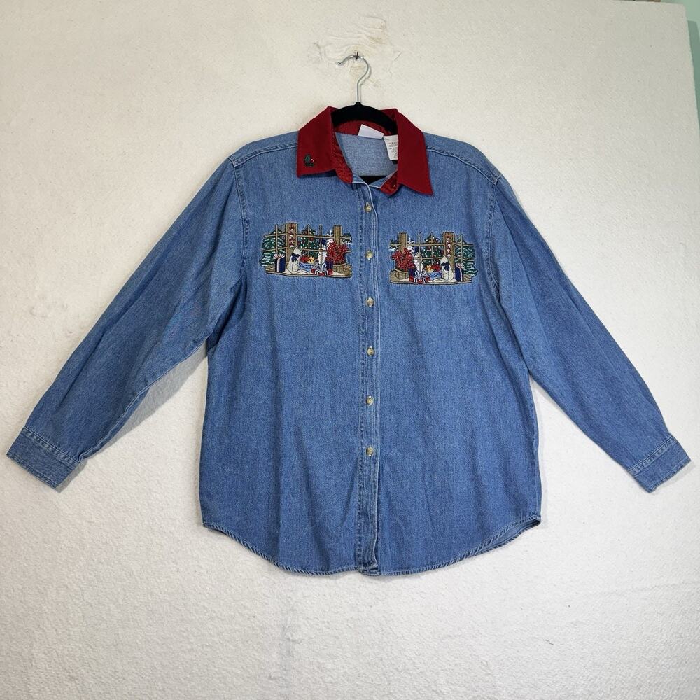 Bobbie Brooks Denim Shirt Holiday Christmas Cat Embroidered Button-Up Medium VTG